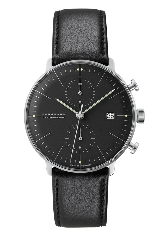 Bauhaus design of the Max Bill Junghans watch is an icon of wristwatch design.  Made in Germany.  Sold by an Authorized dealer located in Chicago, USA.