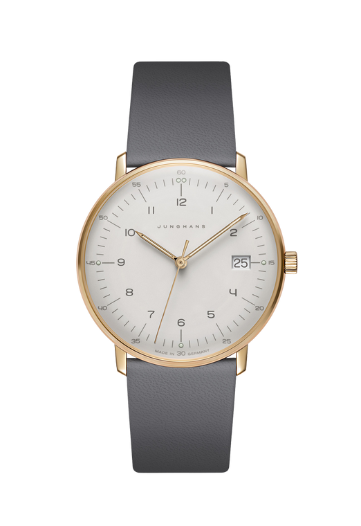 The Junghans Max Bill Damen Ladies Gold PVD Ref #47/7854.02 is a women's watch that features a quartz clock with a calendar, a steel case with yellow gold PVD, and a sapphire crystal. It has a 32.7mm gold PVD coated stainless steel case with a large dial opening so you can see more of the dial and less of the bezel. The watch also has a quick-hook system that allows you to easily change the straps to match your outfit.