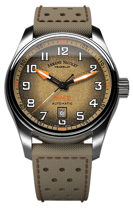 Armand Nicolet Mens Watch MM2 Automatic, Date, Steel with Sand/Orange Dial A640P-NV (A640PKAP0640KM8)

