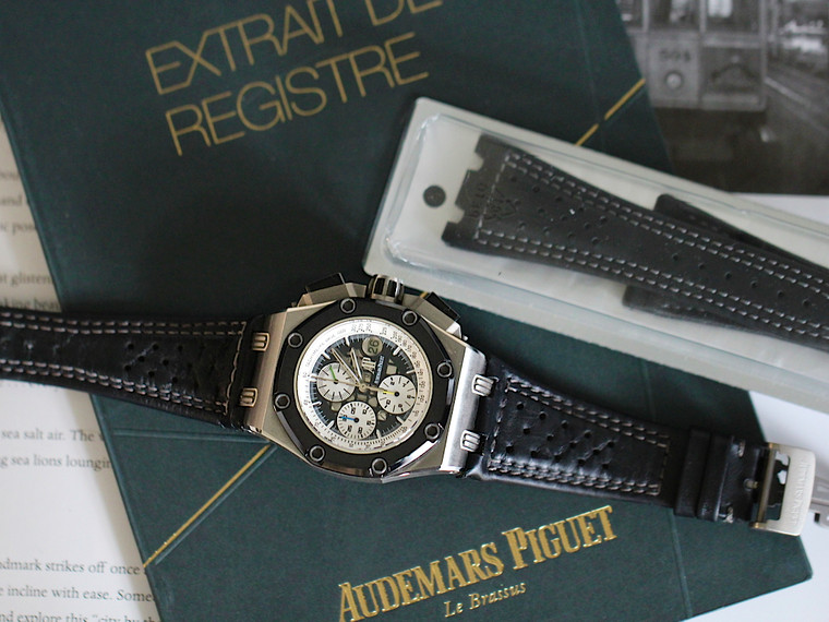 For sale Pre-Owned Audemars Piguet Royal Oak Rubens Barrichello II 26078IO.OO.D001VS.01 Titanium Black Ceramic Limited Edition Rare, archival papers and new unopened leather strap.  Located in Chicago, free shipping in USA. Legend of Time 1 Year Warranty.