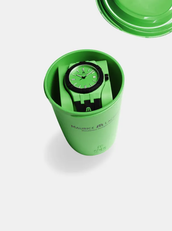 Green gift box in the shape of a cup. Maurice LaCroix watch inside.