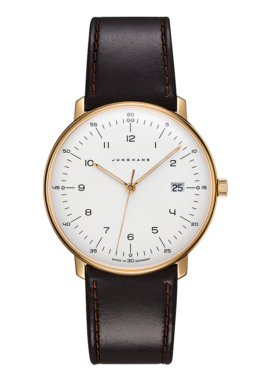 The Junghans Max Bill Quartz Gold PVD Silver Dial Ref 41/7872.02 is a men's watch that features a 38mm gold tone PVD coated stainless steel case, a large dial opening, and a brown leather strap. It has a quartz movement, a date complication, and is water resistant up to 3 bar. It also has a matt silver dial with Super-LumiNova hands.
