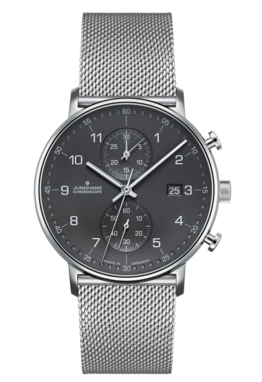 The Junghans Form C Chronograph watch is a men's watch that features a quartz movement, analog display, and is water and scratch resistant. It has a three-dimensional dial and an ergonomic design. The watch is designed to be a special watch for every occasion, combining classic watchmaking artistry with modern design.