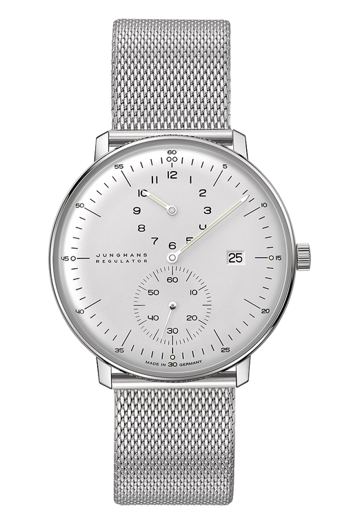 The Junghans Max Bill Regulator 27/4492.46 is a minimalist, unisex watch with a steel band, steel housing, and sapphire glass. It has a fine silver-plated dial with a unique typography and a special dial layout. The dial features a central minute hand and decentralized hour and second hands.