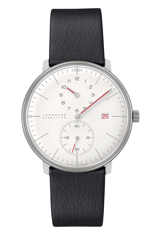 The max bill Regulator has the typical face of the model series with a discreet fine silver-plated dial and a unique typography designed especially for these models. The additional designation indicates that this is a special dial layout with a central minute hand and decentralized hour and second hands.