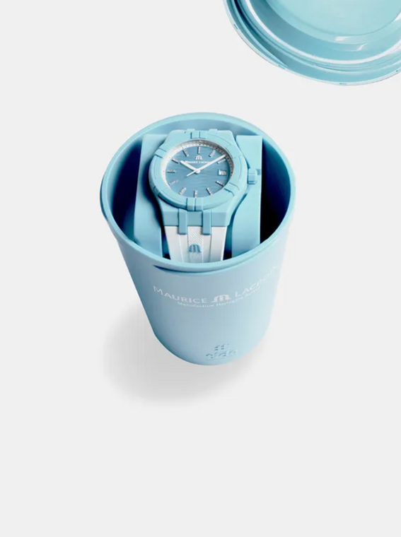 Maurice LaCroix Swiss made watch, 40mm, Light Blue Dial and Case, White rubber strap. Quartz movement. Sold by an Authorized dealer with Manufacturer 5 Year warranty.  Free delivery.  NEW