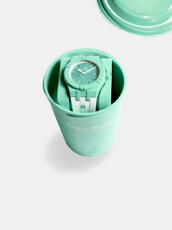 Mint green gift presentation cup with a watch on a white rubber strap, mint dial and case. For sale -Maurice Lacroix AIKON #tide sports watch 40mm Mint Green White Swiss Made 