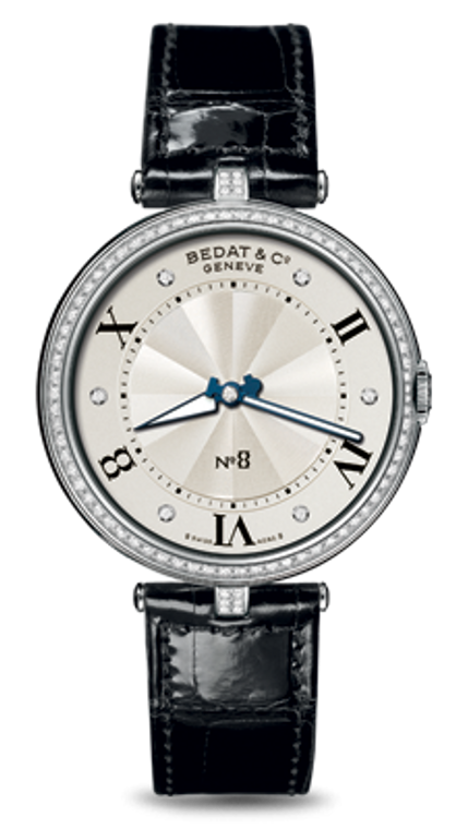 For sale - BEDAT & CO Nº 8 Opaline Guilloche Dial, Diamond Bezel & Markers, Steel Ladies Watch 823.040.109 - Elegant ladies diamond and steel timepiece.  Authorized Dealer Legend of Time.  